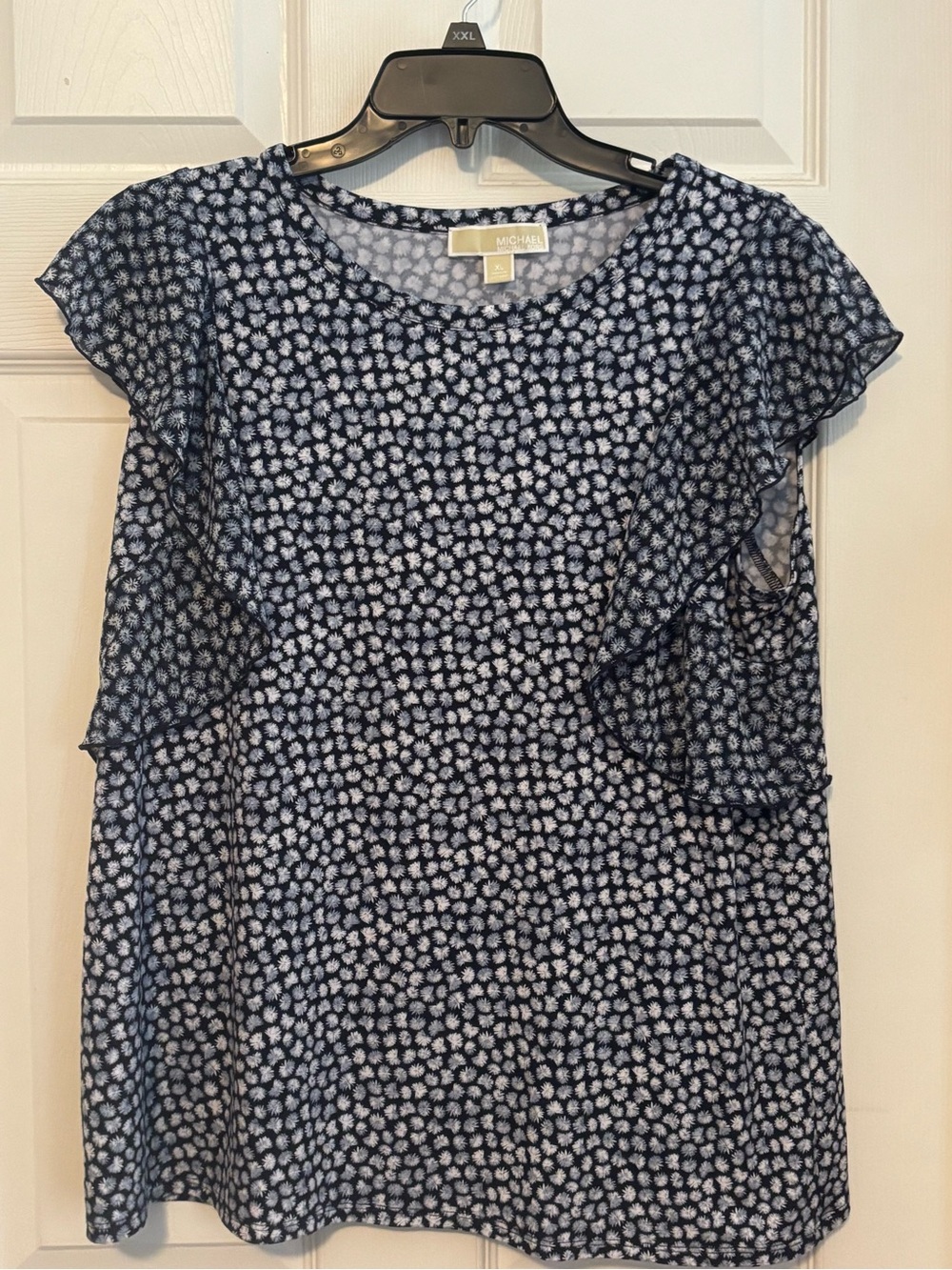Michael Kors Navy and White Floral Ruffle Sleeve Blouse